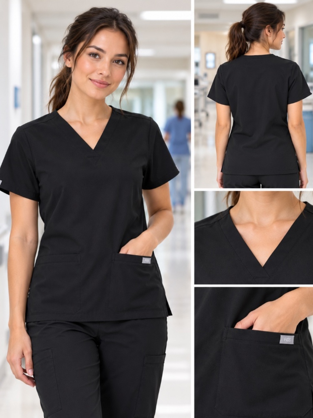 FIGS Technical Collection Black V-Neck Two-Pocket Scrub Top – XS